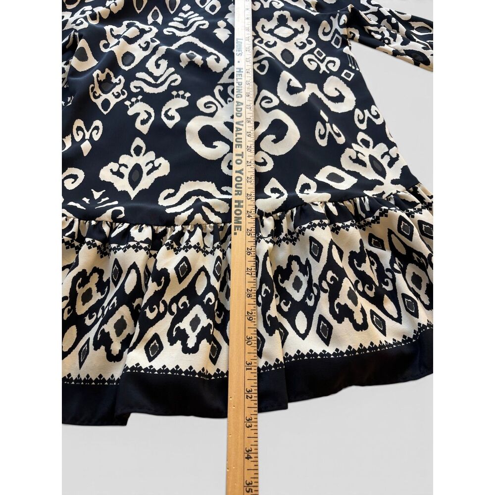 ZARA XS Black Cream Ikat Print Mini Dress Boho Peasant Ruffle Hem - Picture 6 of 10